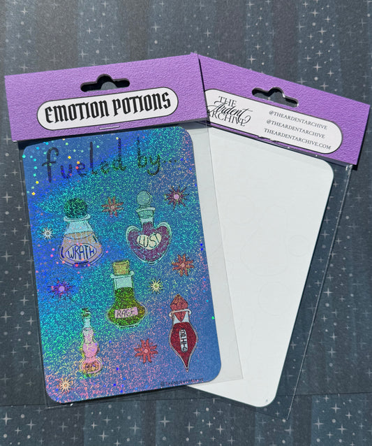 Packaged stickers with potion designs and 'Emotion Potions' branding on a starry background.
