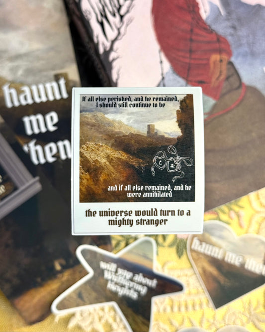 Sticker shaped like a polaroid with text and a scenic illustration on a collage background