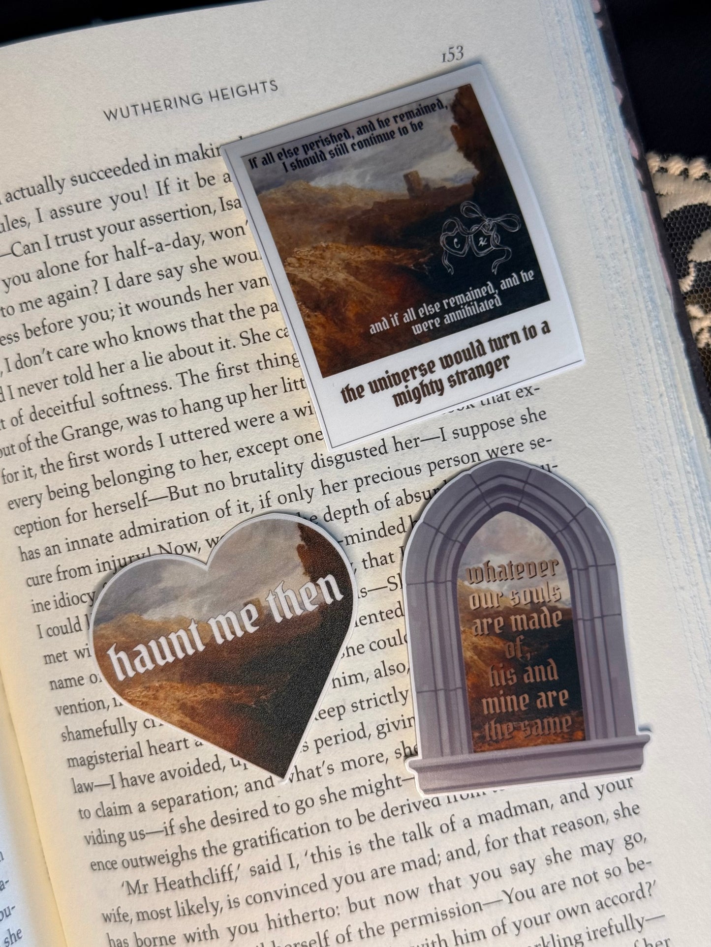 Wuthering Heights themed stickers with text on a book page