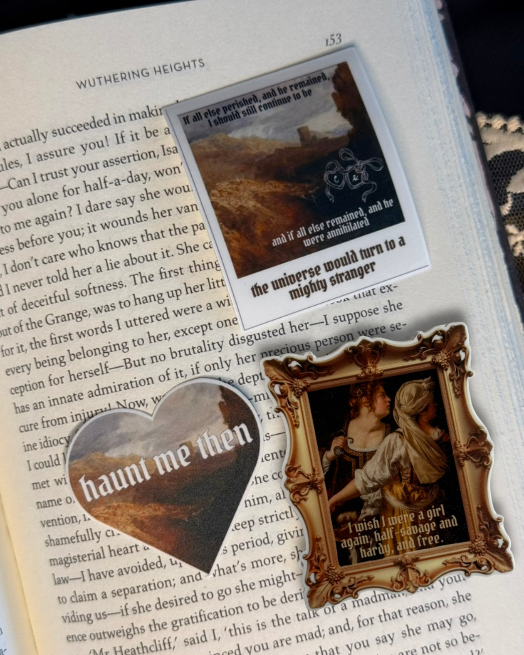 Decorative stickers on a book page with text