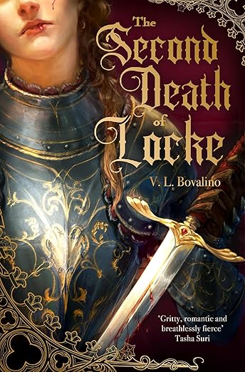 Book cover of 'The Second Death of Locke' with a character in armor holding a sword.