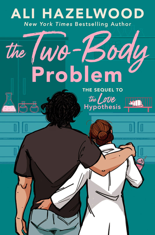 Book cover for 'The Two-Body Problem' by Ali Hazelwood, featuring an illustrated couple from behind in a teal laboratory setting with the title in large pink and white lettering.