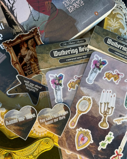 Sticker set inspired by 'Wuthering Heights' with various designs on a textured surface.