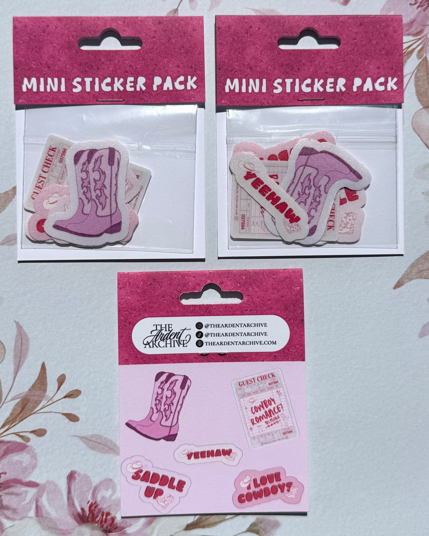 Two mini sticker packs with cowboy-themed stickers on a floral background