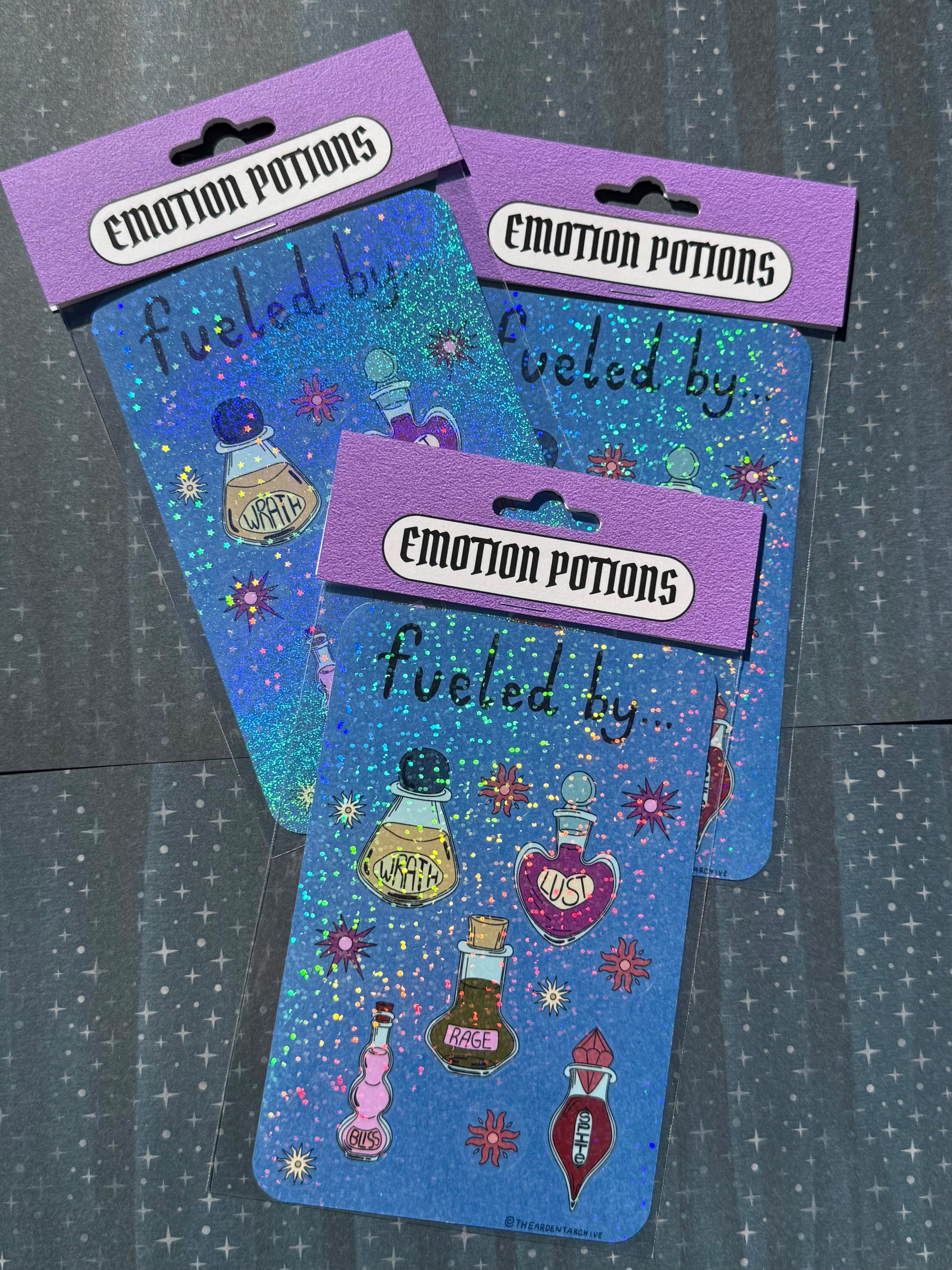 Three packages of 'Emotion Potions' with colorful potion graphics on a starry background.