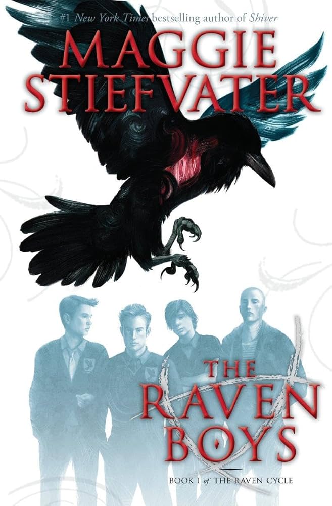 Book cover of 'The Raven Boys' by Maggie Stiefvater featuring a black crow and four boys.