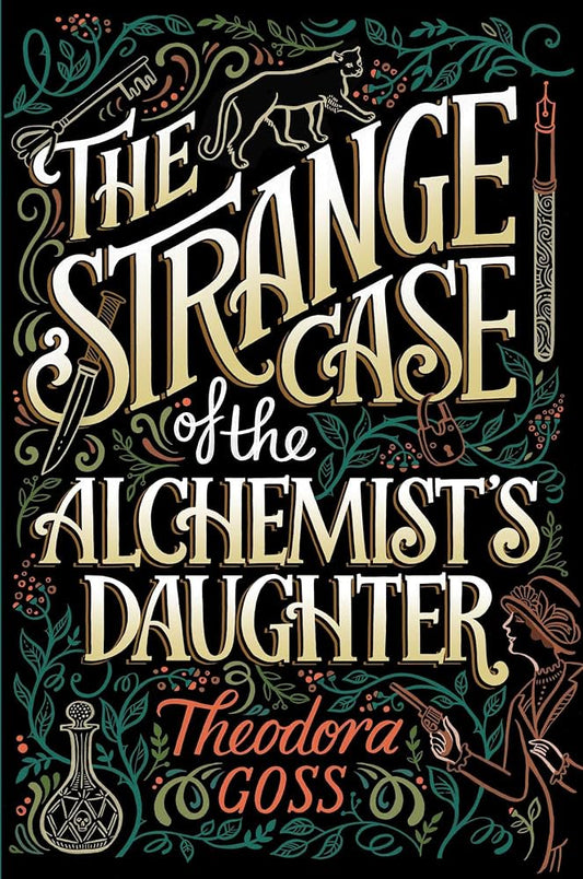 Book cover of 'The Strange Case of the Alchemist's Daughter' with decorative text and symbols.