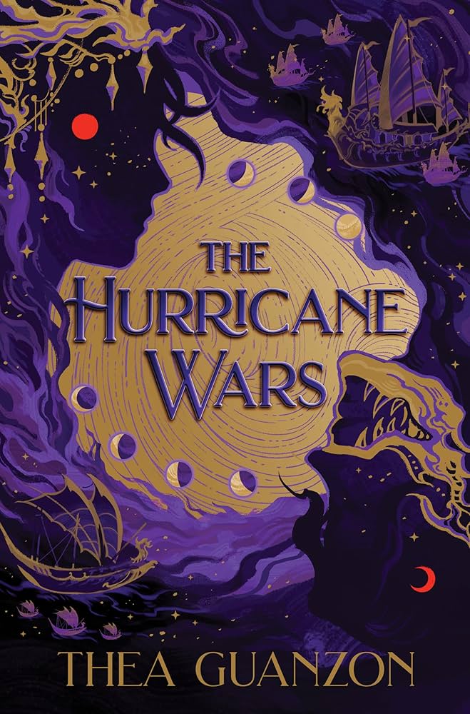 Book cover of 'The Hurricane Wars' by Thea Guanzon with a purple and gold design.