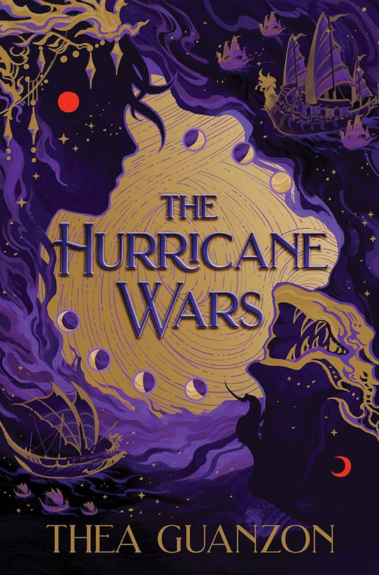 Book cover of 'The Hurricane Wars' by Thea Guanzon with a purple and gold design.