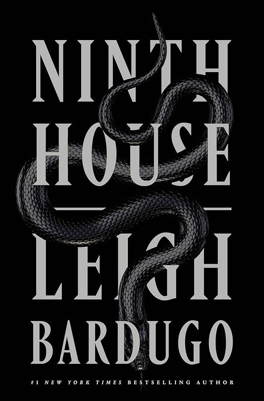 Book cover of 'Ninth House' by Leigh Bardugo with a snake design on a black background.