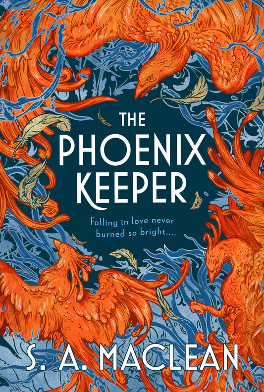 Book cover of 'The Phoenix Keeper' with orange phoenixes on a blue background