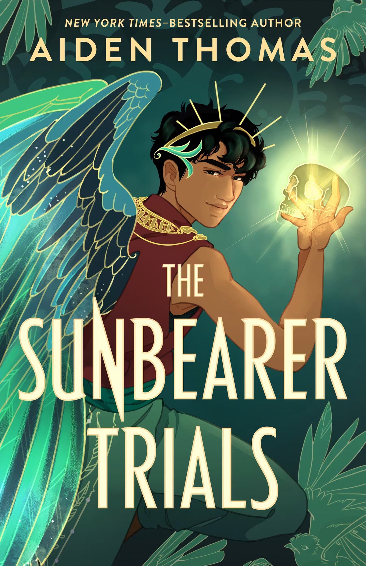 Book cover of 'The Sunbearer Trials' featuring a character with wings and a glowing crystal.