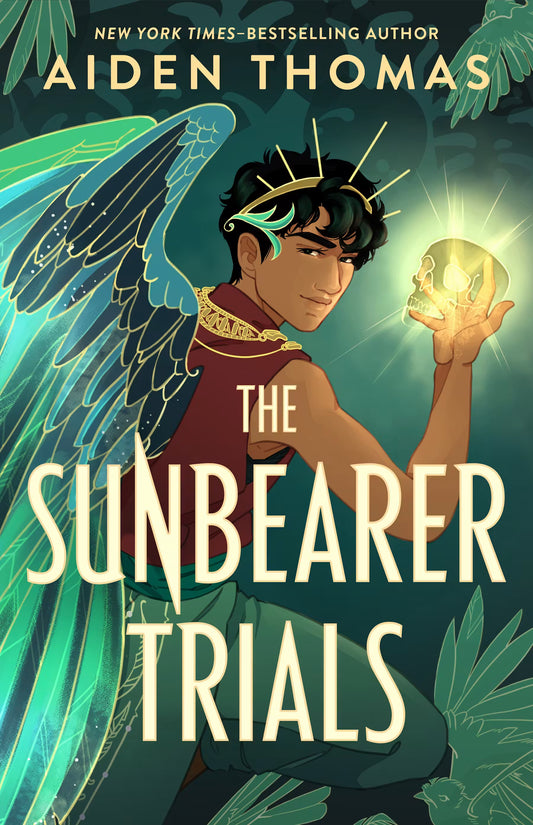 Book cover of 'The Sunbearer Trials' featuring a character with wings and a glowing crystal.