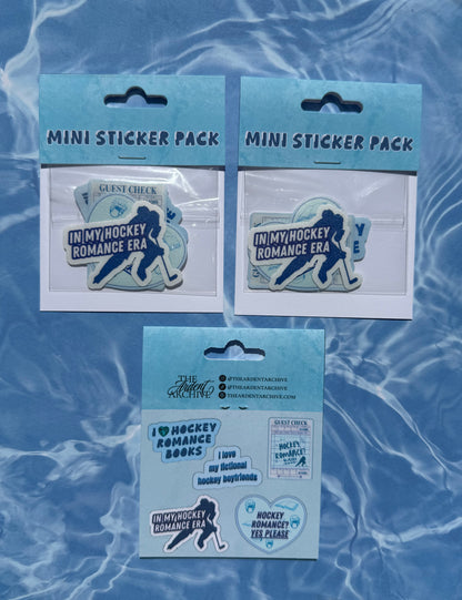 Three mini sticker packs with 'In My Hockey Romance Era' theme on a blue textured background.