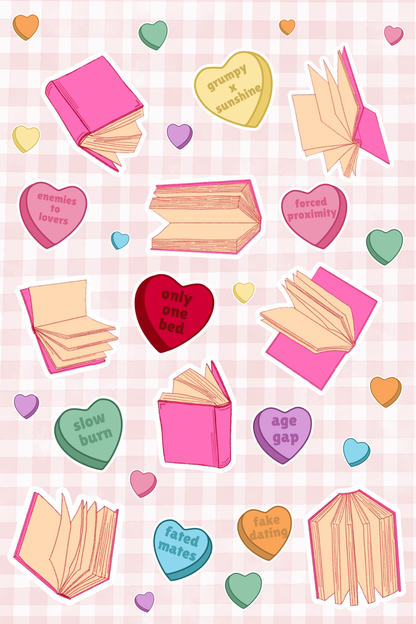 Digital preview of a sticker sheet with heart and book designs on a checkered pink background.