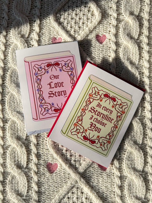 Two greeting cards with decorative designs and text on a textured fabric background