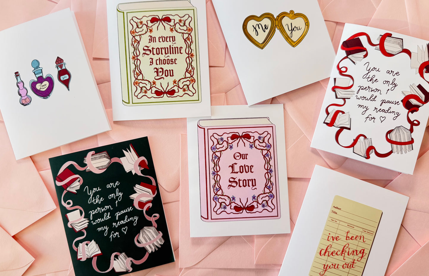 Collection of romantic greeting cards on a pink background