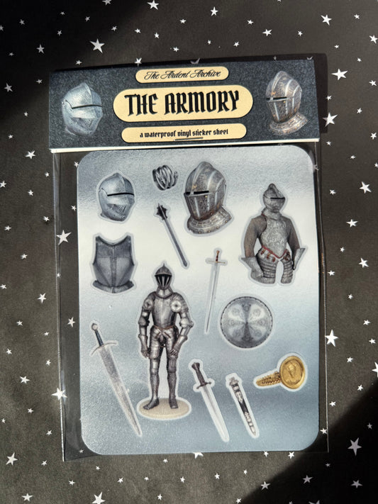 Packaged set of knight-themed stickers with 'The Armory' branding on a starry background.