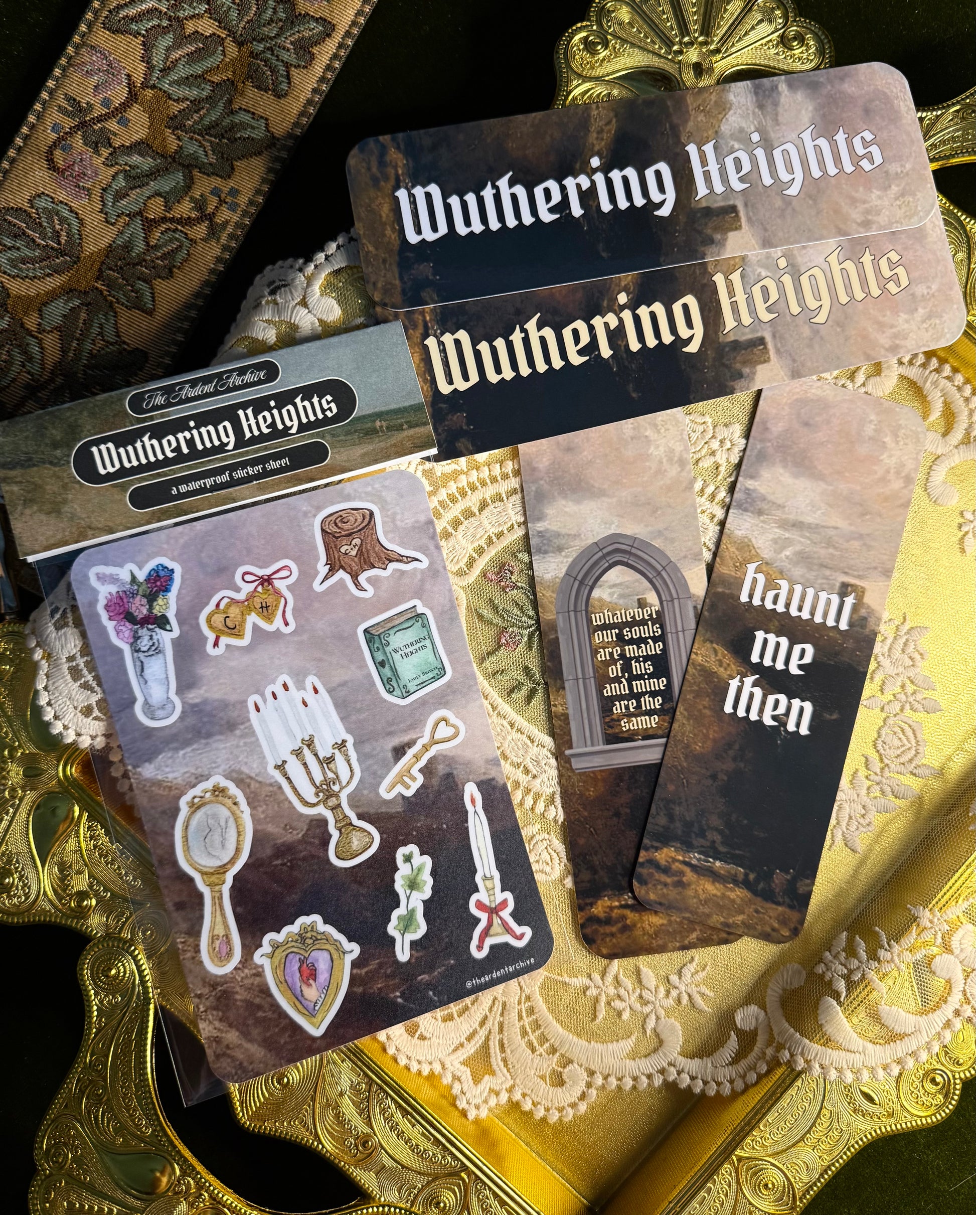 Wuthering Heights themed sticker sheet and bookmarks on a ornate surface