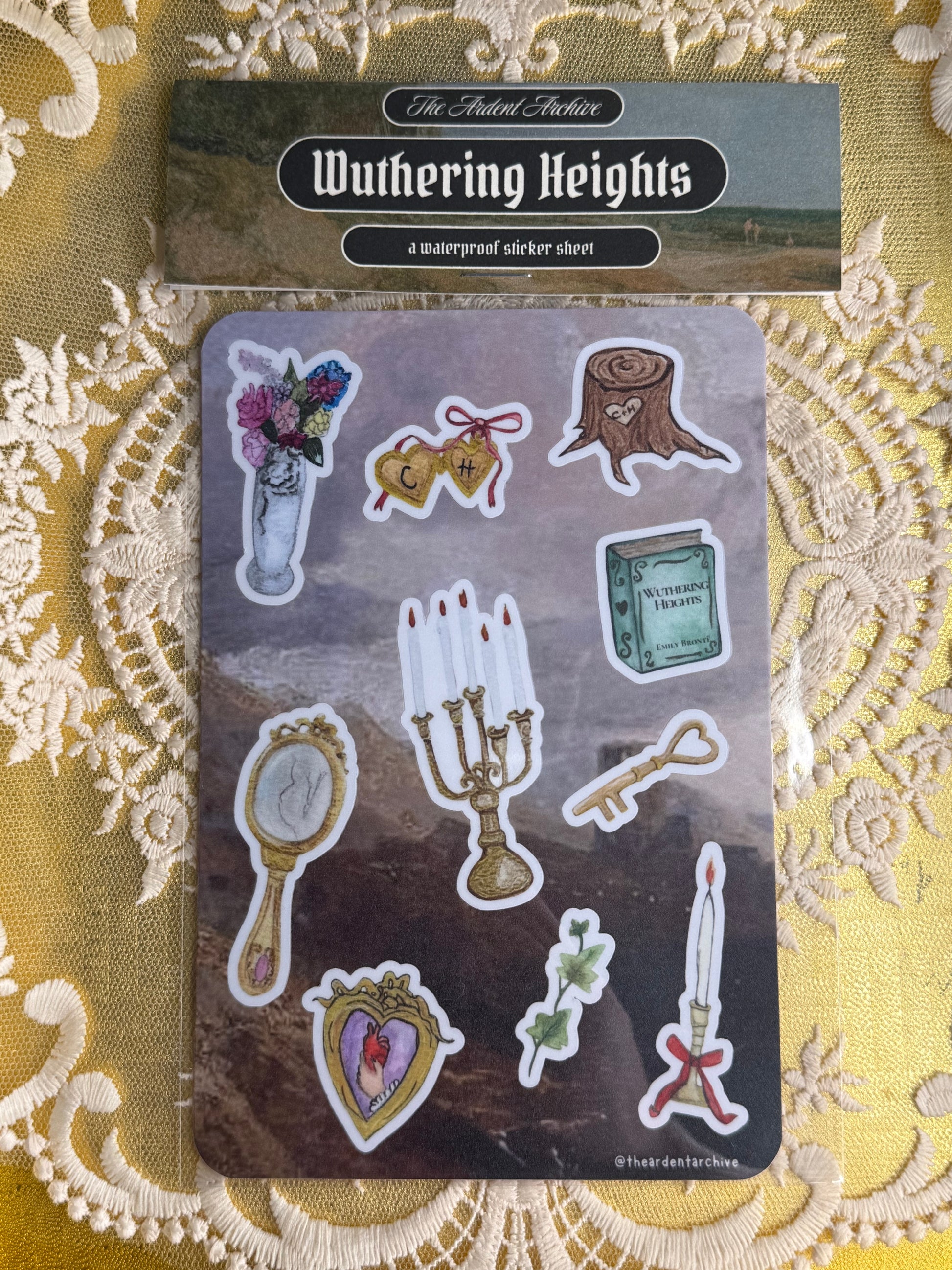 Wuthering Heights titled sticker sheet on lace gold background