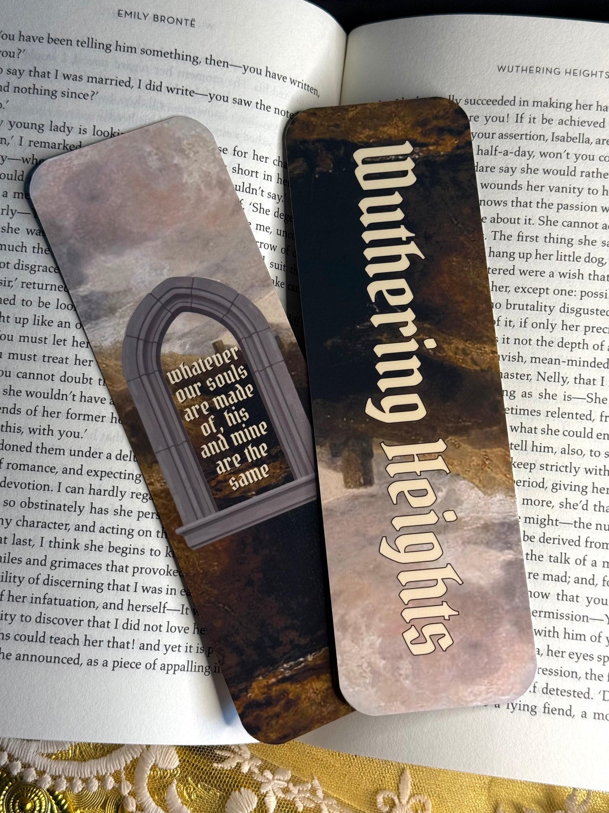 Bookmarks with 'Wuthering Heights' text on an open book