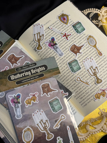 Sticker album with 'Wuthering Heights' stickers on a book page