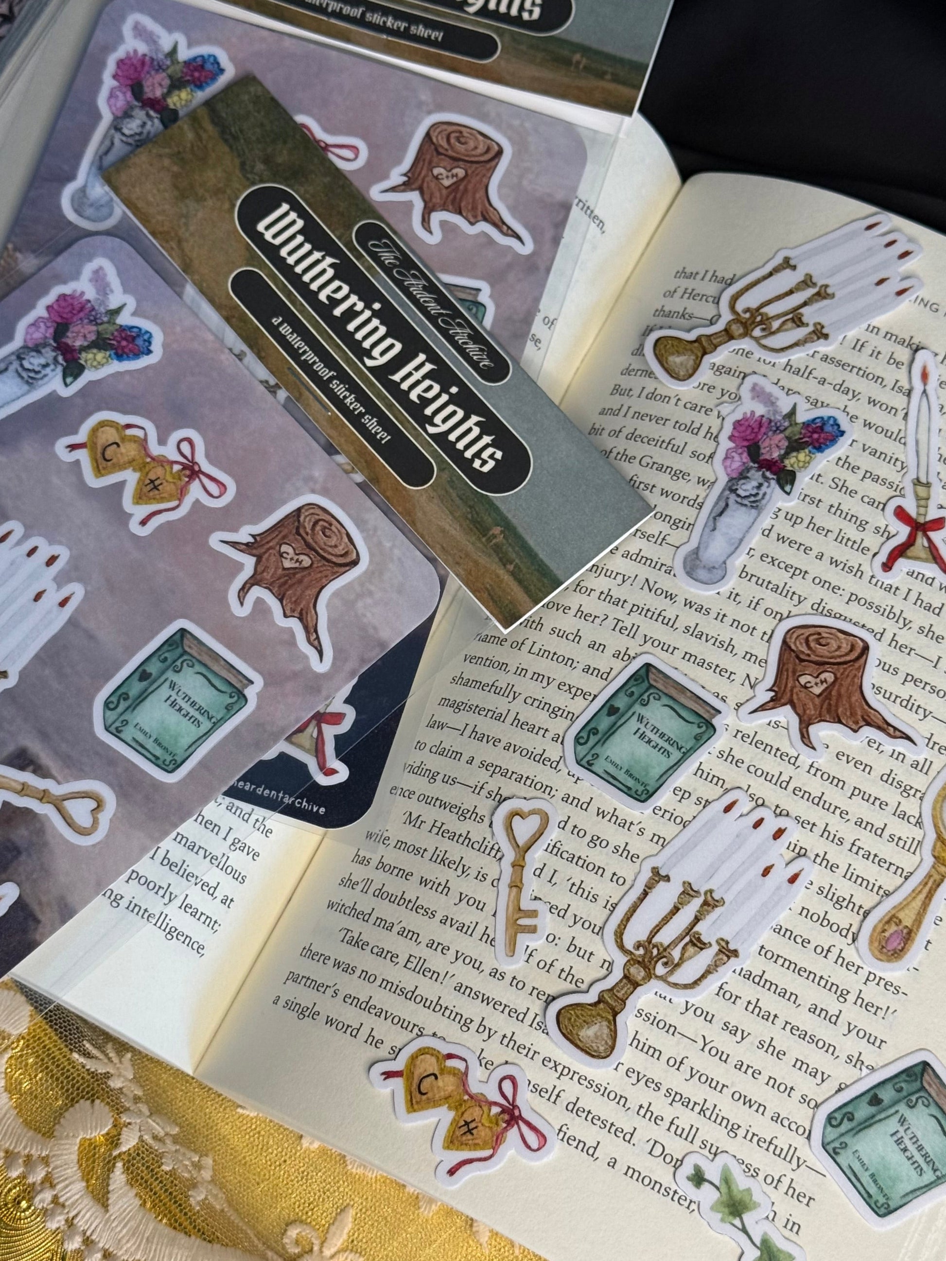 Sticker pack for 'Wuthering Heights' with decorative elements on a book page.