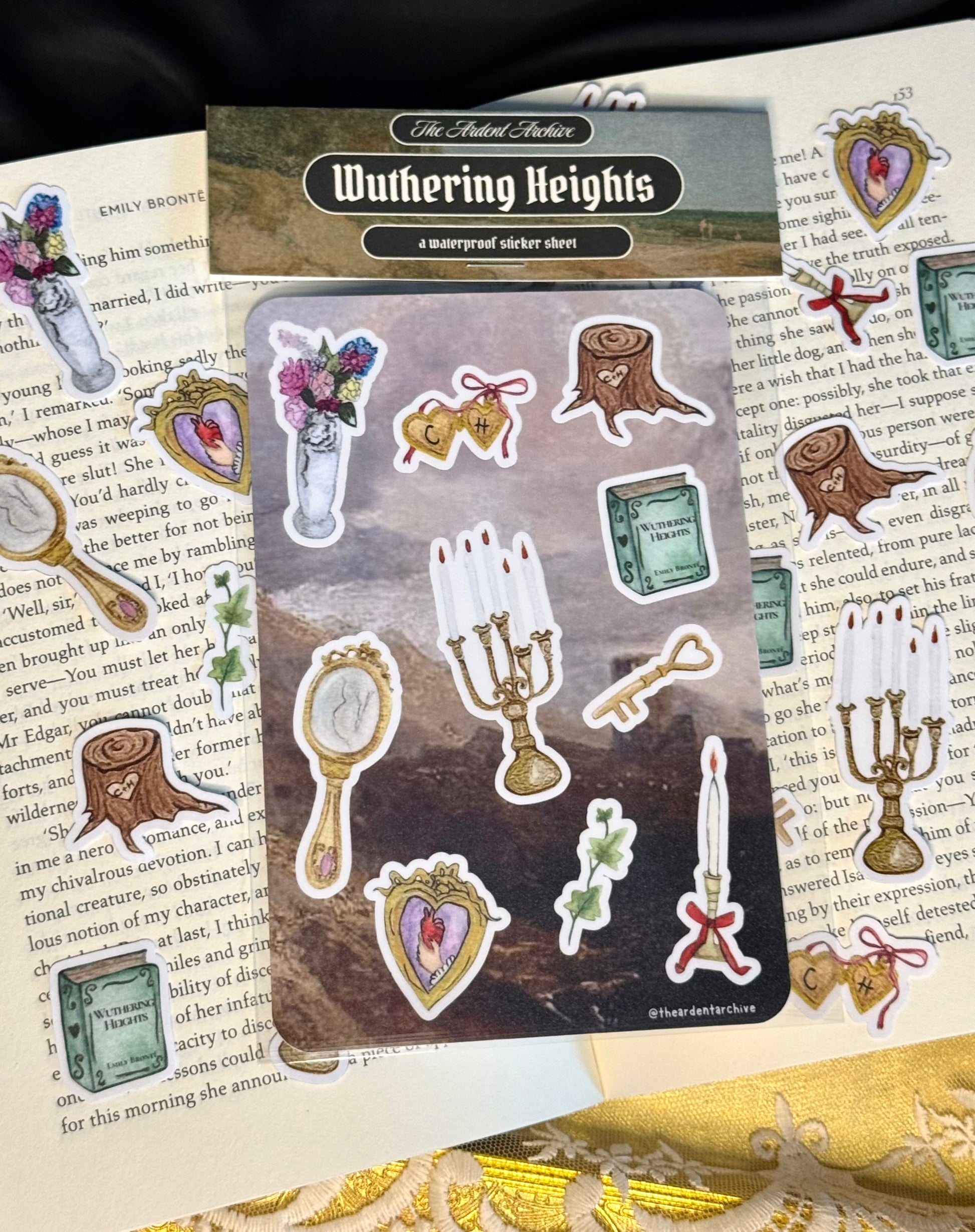 Sticker sheet inspired by 'Wuthering Heights' by The Ardent Archive on a book page background with stickers