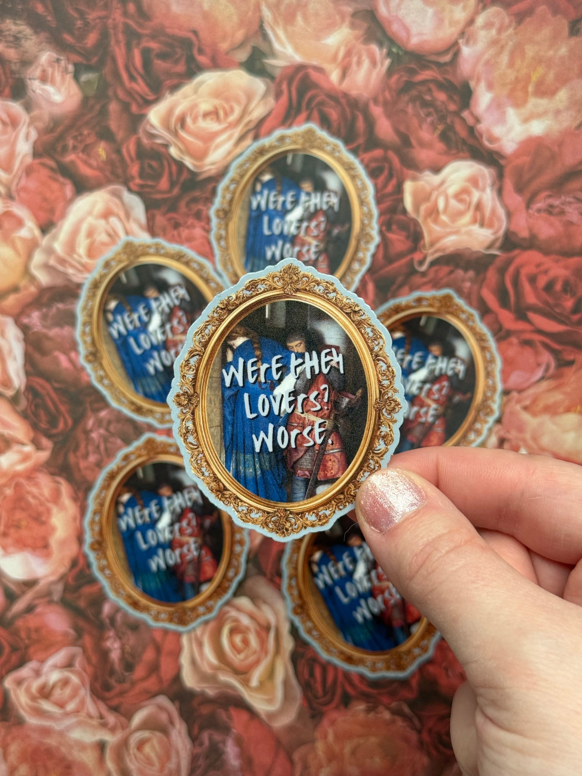 Decorative stickers with 'Were They Lovers? Worse' text on a floral background