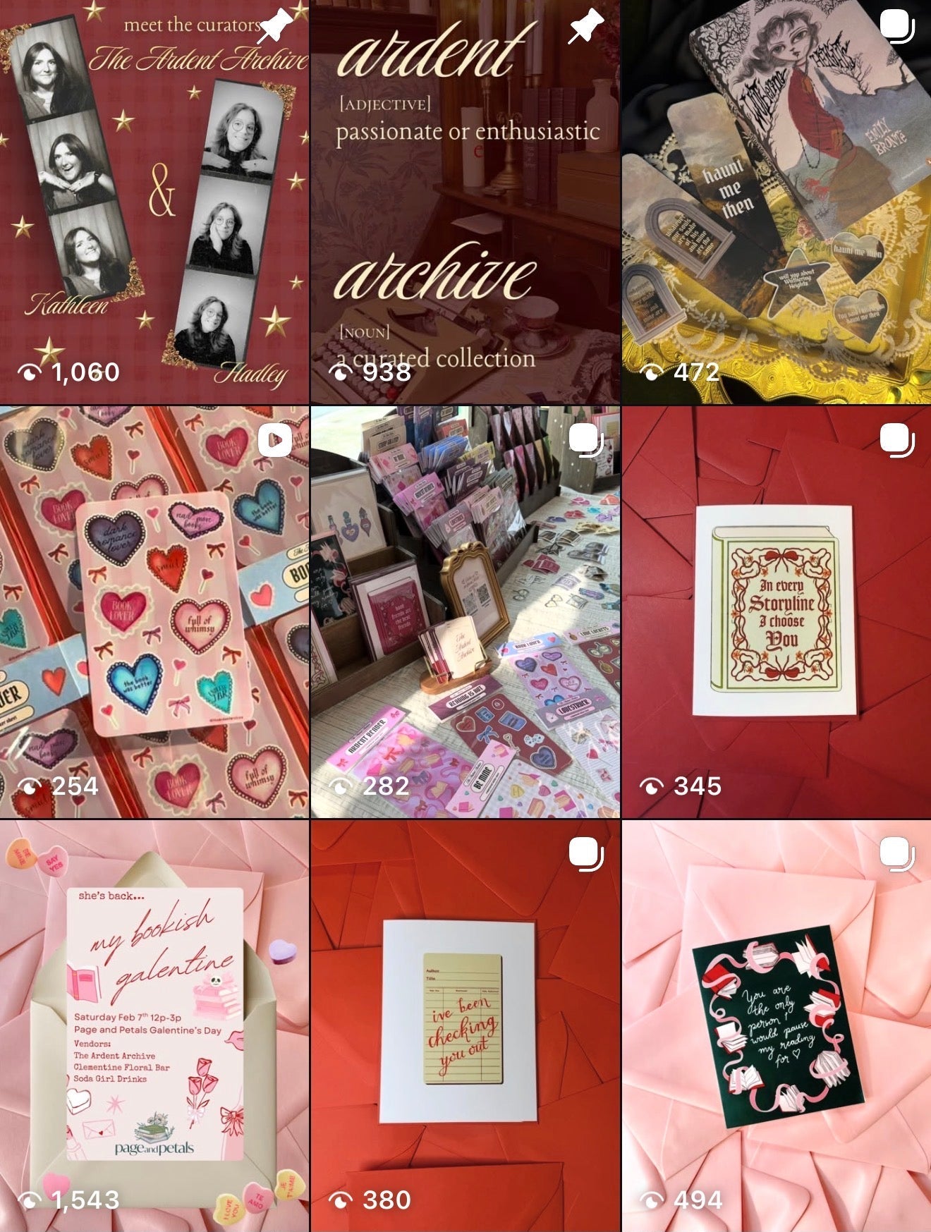 Screenshot of The Ardent Archive instagram feed, colorful greeting cards, sticker sheets, and our current product. 
