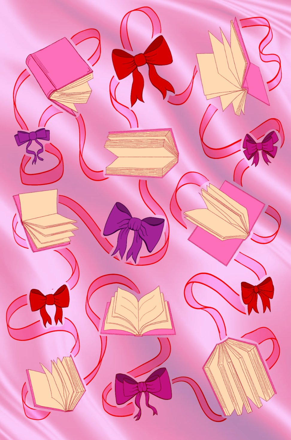 Digital version of a sticker sheet of decorative ribbons and bows on a pink card with a red background.