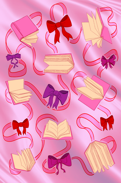 Digital version of a sticker sheet of decorative ribbons and bows on a pink card with a red background.