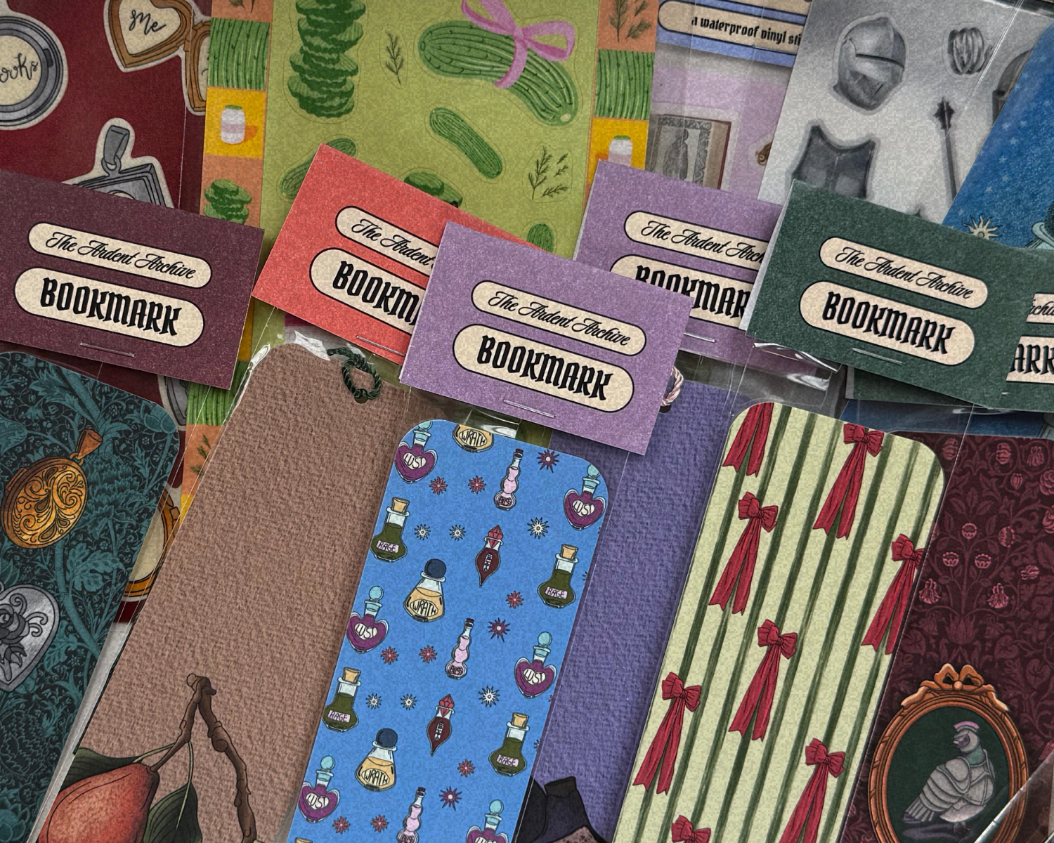 Collection of colorful bookmarks with various designs and text.