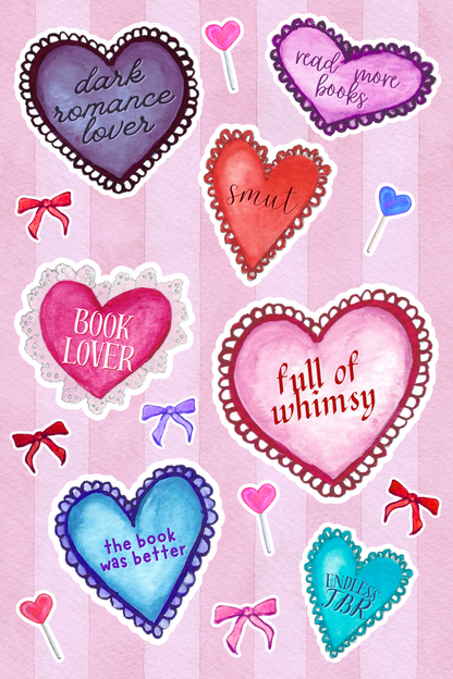 Digital version of Heart-shaped stickers with book-themed text on a pink striped background.