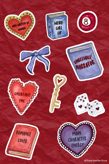 Digital version of red sticker sheet with books, hearts, keys, and bow designs on a red background. Watercolor style. 