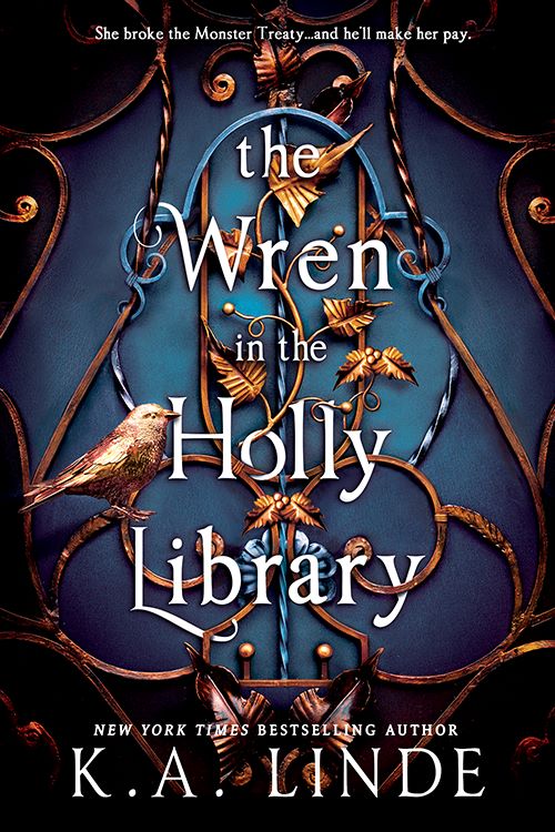 Book cover of 'The Wren in the Holly Library' with ornate design and bird illustration.