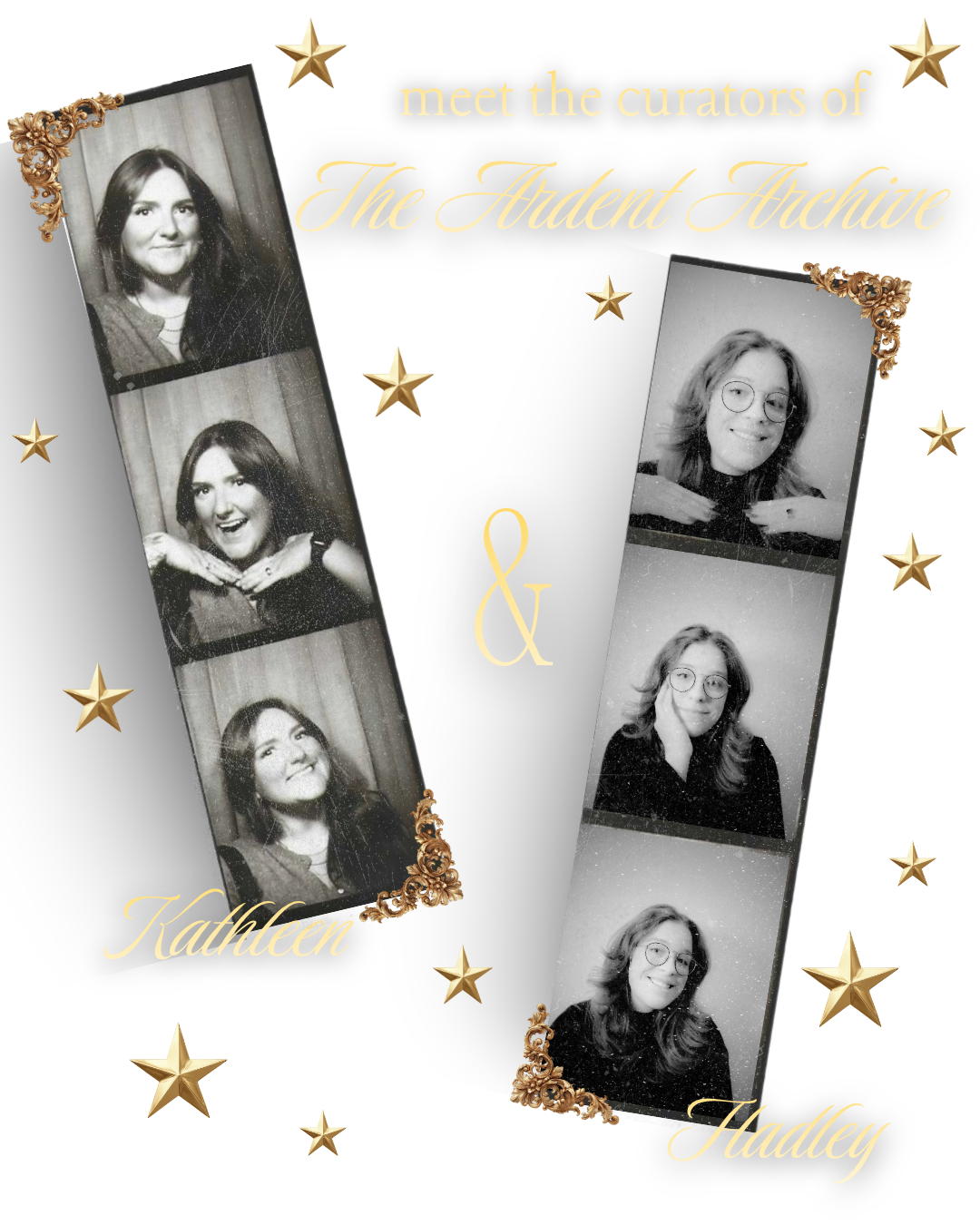 Collage of black and white photos with decorative elements on a white background